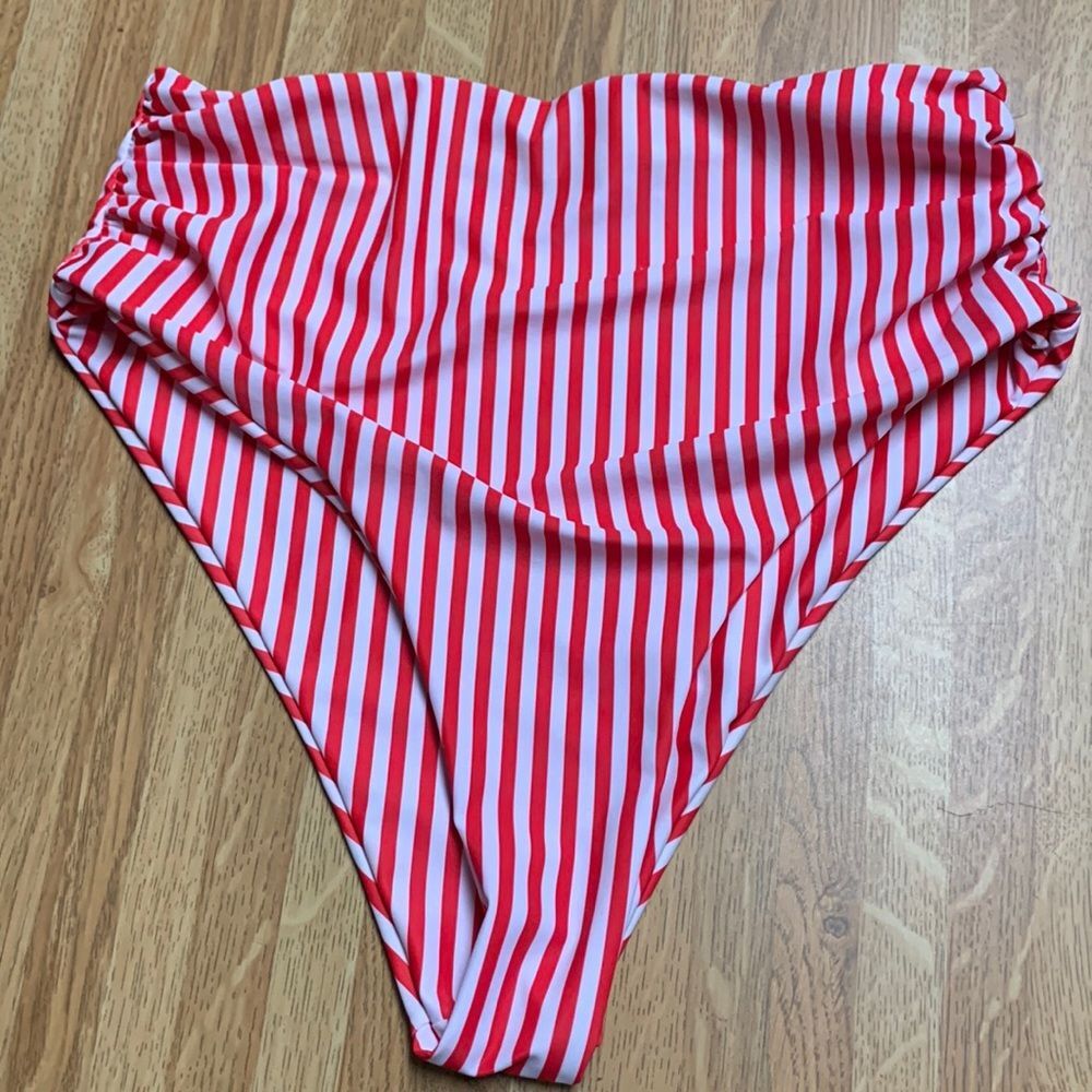 High Waisted Ruched Side Red & White Pinstripe Bikini Swim Bottoms Size Small 4